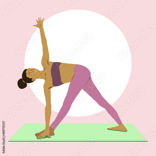 Black girl with afro hair practicing yoga in the revolved triangle pose, on the mat. Flat vector illustration on yogic workout;  healthy and spiritual lifestyle concept. Parivrtta Trikosana pose.