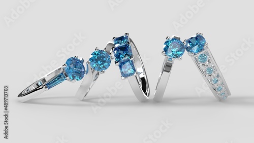 aquamarine stacked banner engagement rings 3d render platinum front