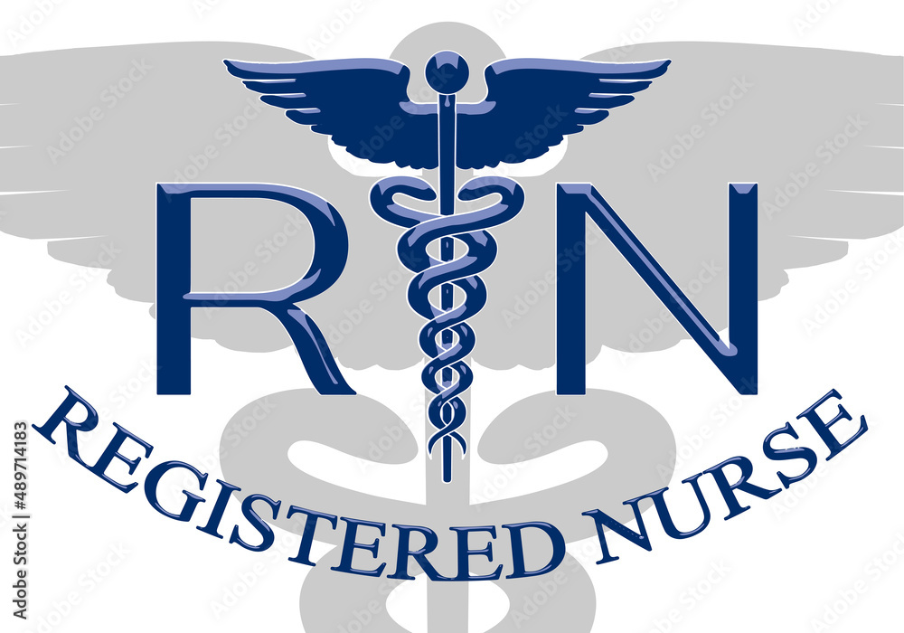 Registered Nurse Graphic Emblem D is an illustration of a registered nurse  design. Includes a caduceus medical symbol and RN text. Great for t-shirt  designs, embroidery designs or promotional material Stock Vector