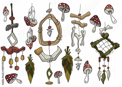 A set of mystical and magical elements. Vector illustration. Items for divination and magic. A bunch of grass, a dream catcher, mushrooms, fly agarics, bones, objects for . A symbol of witchcraft.