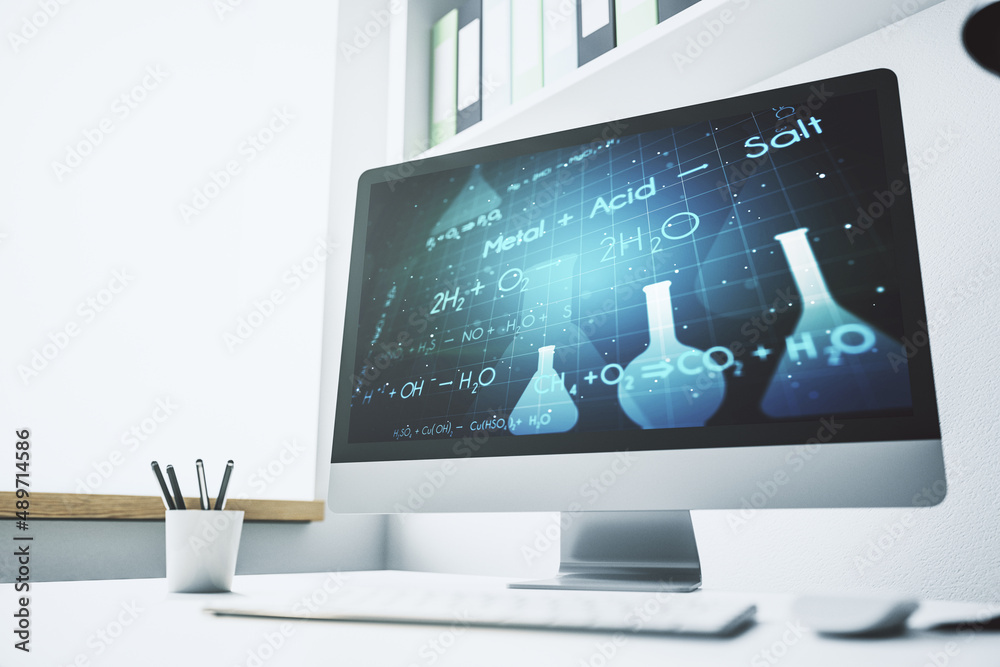 Modern computer monitor with creative chemistry concept, research and development concept. 3D Rendering Modern computer monitor with creative chemistry concept, research and development concept. 3D Rendering