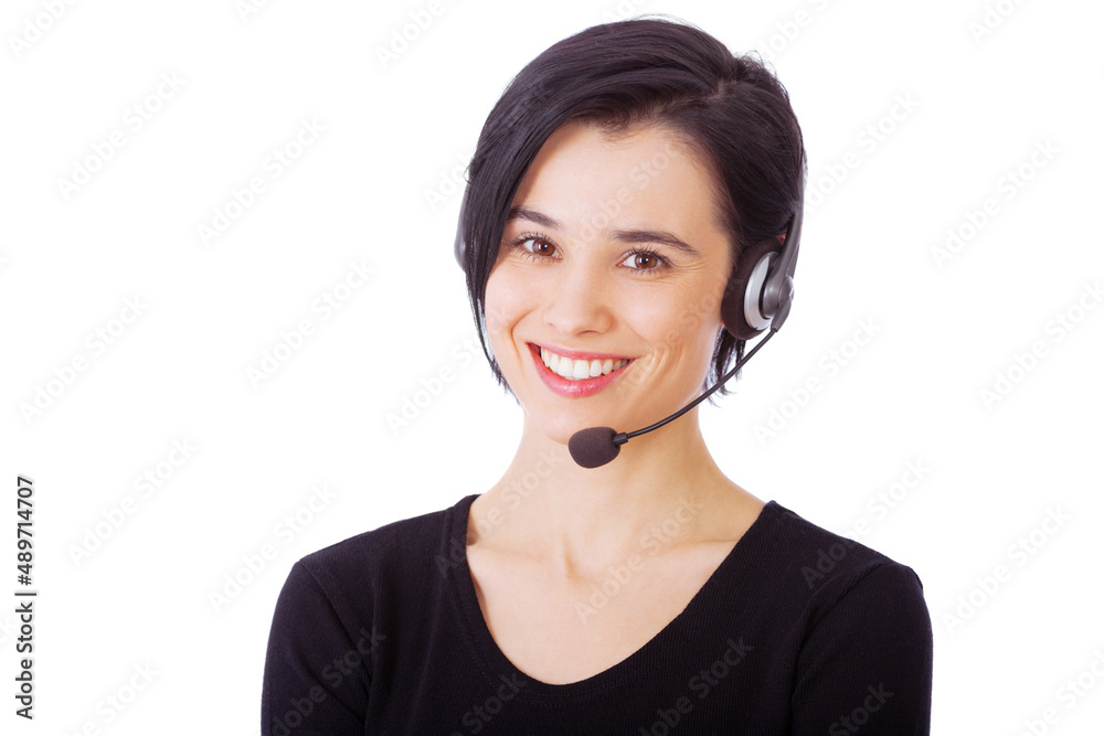 Shes ready and willing to help - Customer care. Portrait of an attractive young woman wearing a headset against a white background. Shes ready and willing to help - Customer care. Portrait of an attractive young woman wearing a headset against a white background.