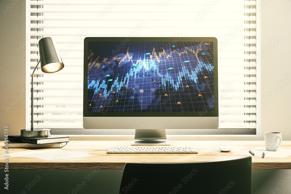 Modern computer monitor with abstract creative financial chart with world map, research and strategy concept. 3D Rendering Modern computer monitor with abstract creative financial chart with world map, research and strategy concept. 3D Rendering