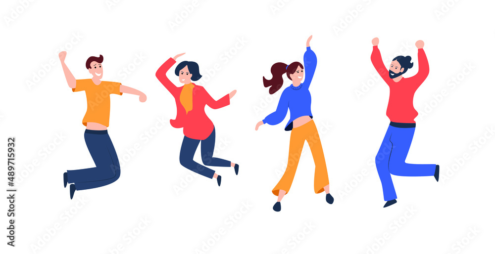 Vector Happy Cheerful People Isolated on White Background, Couples Team Members Colorful Illustration, Celebration Dance and Success Concept.