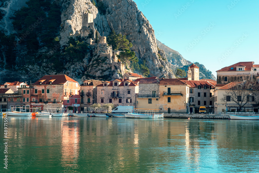 Scenic view of Omis town and mountains in Dalmatia, Croatia