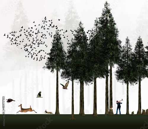 Deforestation and clear cutting are the themes of this illustration. A man with an axe is cutting down a tree surrounded by many stumps and a few remaining trees. Wildlife flees the area