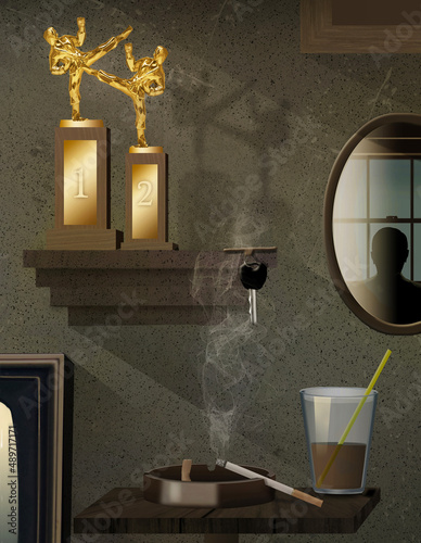 Obraz na plátne Trophies from his youth decorate a wall in the home of an old man in this 3-d illustration about memories