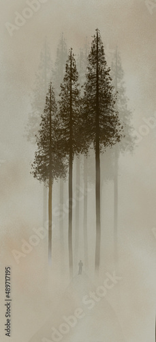 A man is seen in the fog standing among redwood trees in this 3-d illustration.