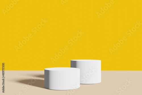 pedestal display with white cylinders and abstract yellow color background with box support concept. Podium for brand promotion products, realistic 3d digital rendering