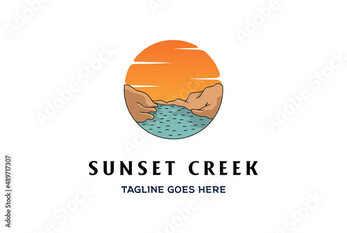 Circular Circle Sunset Sunrise Valley River Creek Lake Dam Logo Design