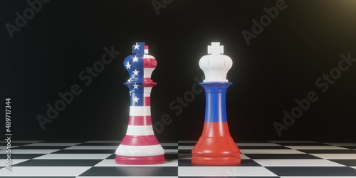 King chess Battle between USA and Russia on chess board for political conflict and war concept. War between USA and Russia. 3d render illustration