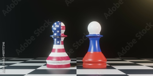Pawn chess Battle between USA and Russia on chess board for political conflict and war concept. War between Ukraine and Russia. 3d render illustration