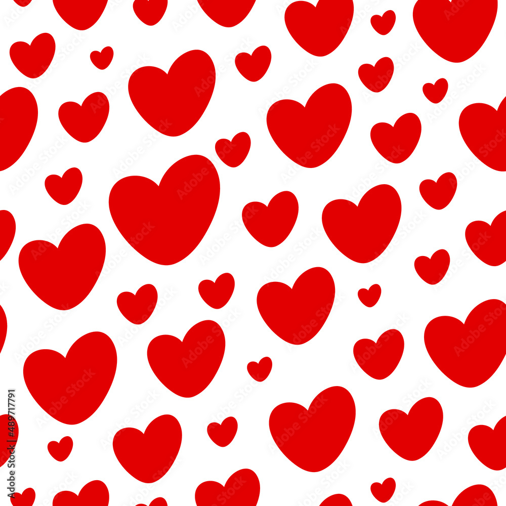 Endless seamless pattern consisting of hand-drawn randomly scattered hearts of different sizes in classic red color on a white background. 