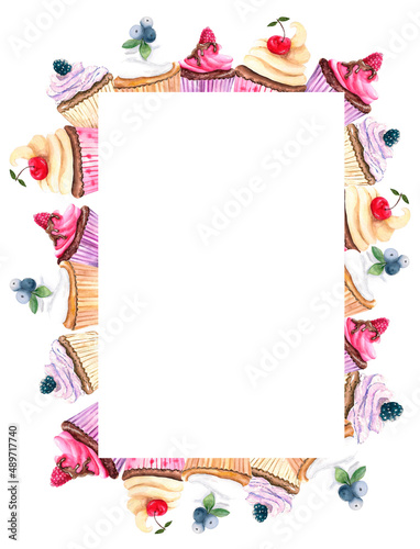 Watercolor template. Frame made of watercolor desserts. Border with sweet cupcakes