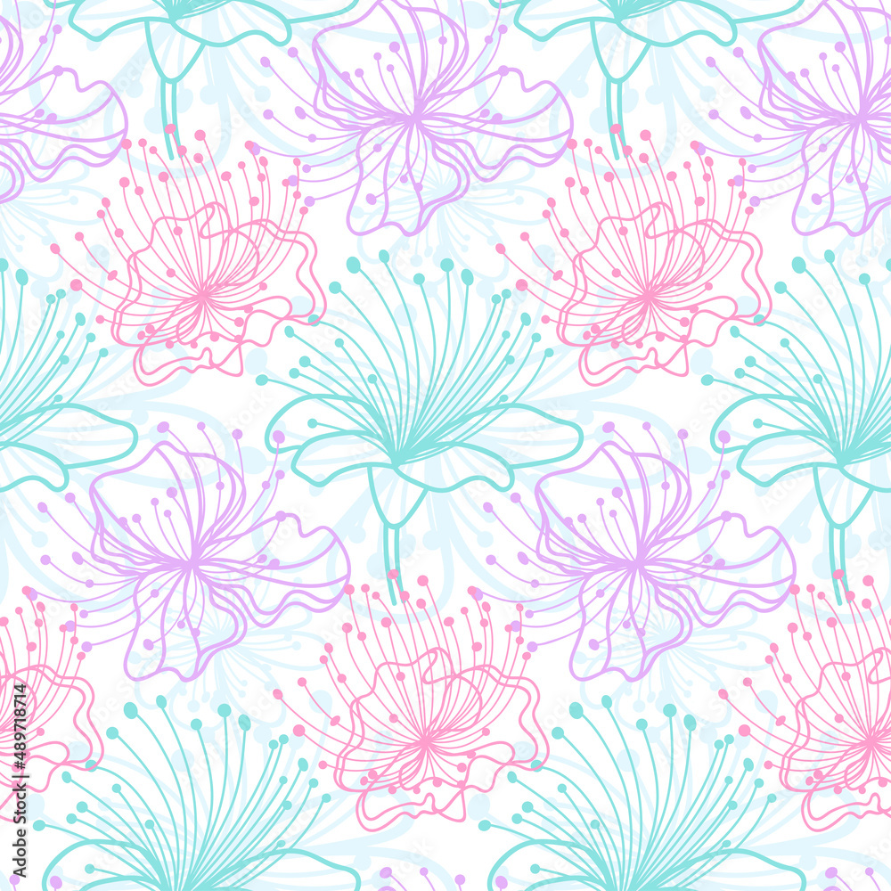 Delicate flowers on white background. Seamless pattern is perfect for application on the dresses, leggings, t-shirts, wrapping paper, wedding invitations.
