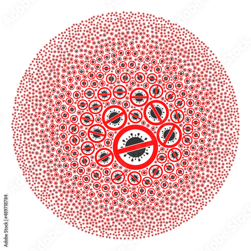 Forbid virus items are combined into bubble group. Forbid virus icon round collage. Abstract round globula mosaic combined with forbid virus items.