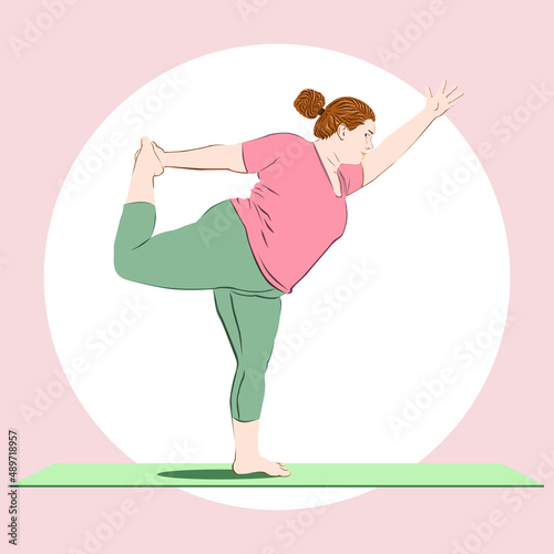 Plump curvy girl doing yoga in Dancer pose. Healthy lifestyle, burning calories concept. Vector illustration on losing unhealthy weight care wellness self love body positive. Natarajasana asana on mat