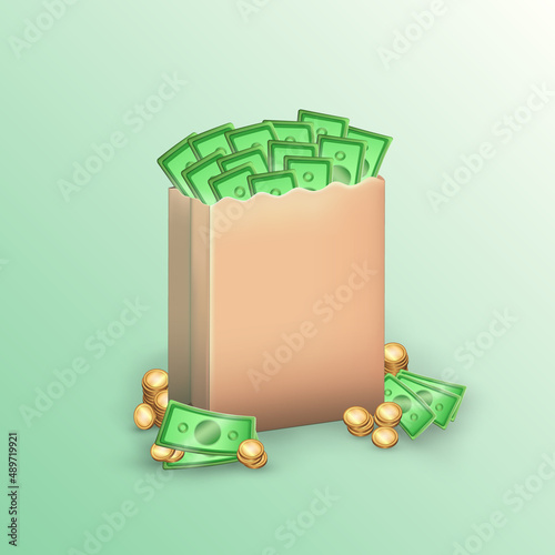 Brown shopping bag with plenty of cash isolated on  green background. Cartoon three-dimensional takeaway paper bag (carton package) with money - green banknotes and golden coins. Vector EPS 10