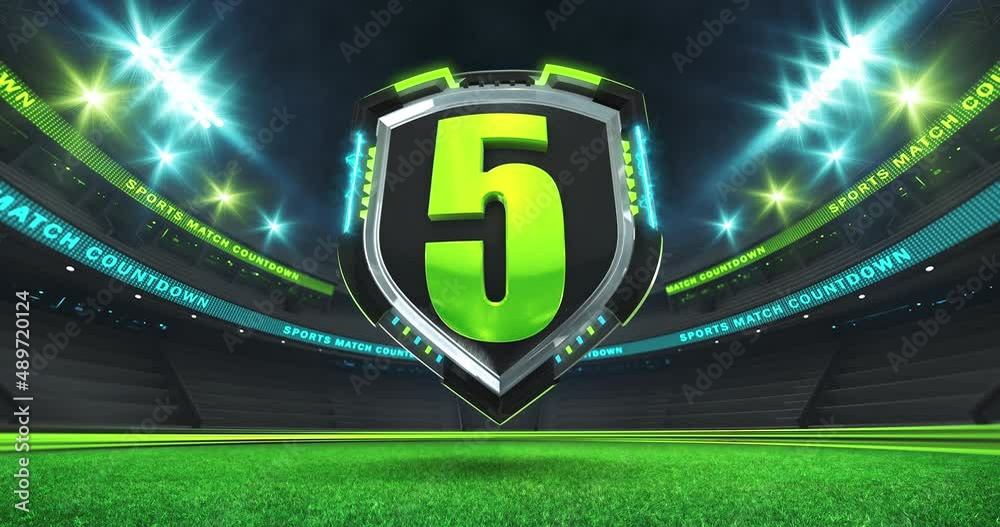 Countdown before sports race from ten to one. Rotating of metallic shield above green grass playground. Sports arena in 4k video animation.