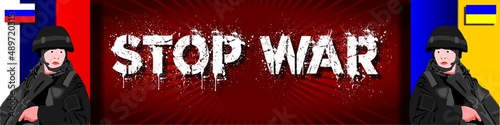 Ukraine vs Russia conflict - stop the war between Ukraine and Russia over grunge textured text , Russian and Ukrainian army and flag vectors