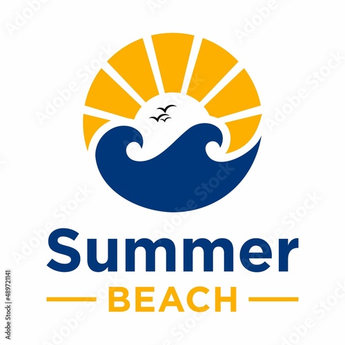 summer beach coast island, sea ocean with birds and summer sun rays logo design 