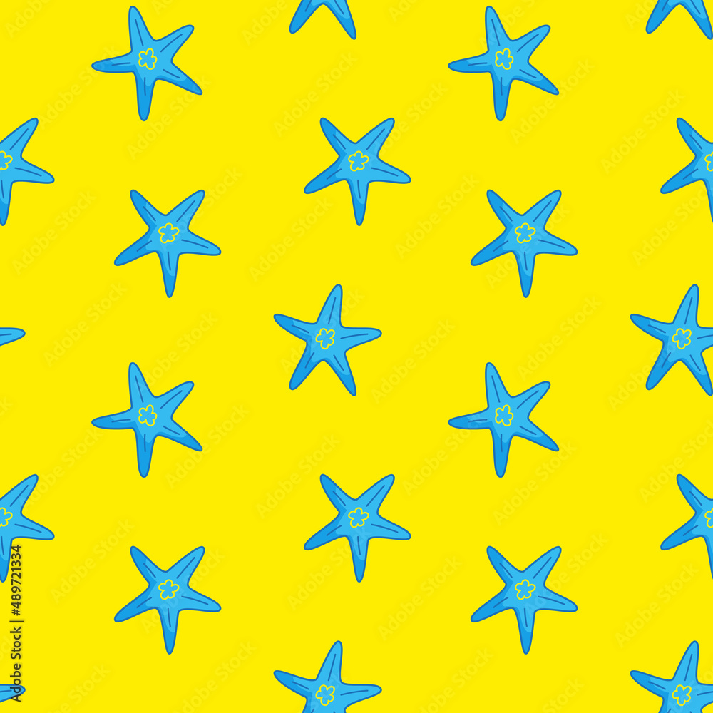 Seamless pattern with blue starfish on a yellow background. Vector illustration in a minimalistic flat style, hand drawn. Textile printing, print design, postcards.