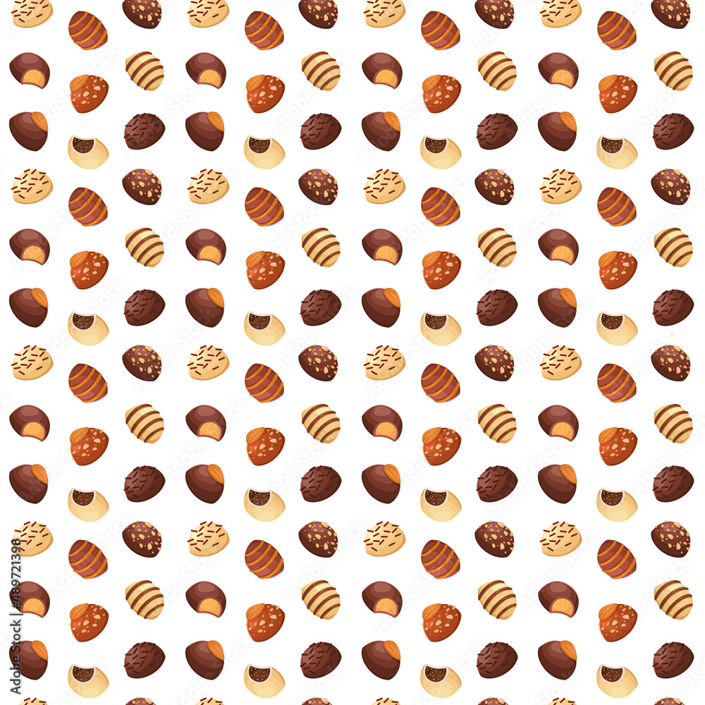 Seamless background with milk and dark chocolate candies. Vector illustration in a minimalistic flat style, sweets. Textile printing, print design, postcards. Seamless background with milk and dark chocolate candies. Vector illustration in a minimalistic flat style, sweets. Textile printing, print design, postcards.