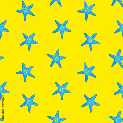 Seamless pattern with blue starfish on a yellow background. Vector illustration in a minimalistic flat style, hand drawn. Textile printing, print design, postcards.