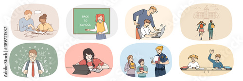 Set of small children study in offline school prepare task. Collection of happy small kids enjoy education process. Online studying and learning on computer. Flat vector illustration. 