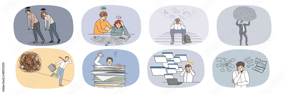 Collection of stressed man employee frustrated with workload and tasks in office. Set of tired unwell male workers overwhelmed with notifications. Fatigue and overwork. Vector illustration. Collection of stressed man employee frustrated with workload and tasks in office. Set of tired unwell male workers overwhelmed with notifications. Fatigue and overwork. Vector illustration.