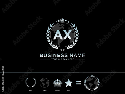 Alphabet AX Logo, Creative Ax Initial Letter Vector Logo Modern and circle Leaf Globe Royal Crown and Star Icon