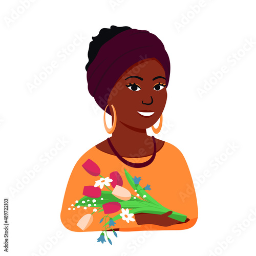 African-american woman with a bouquet of spring flowers in her hands. Cheerful lady celebrating International Women's Day. Mother's Day. Isolated vector illustration in flat style on white background.