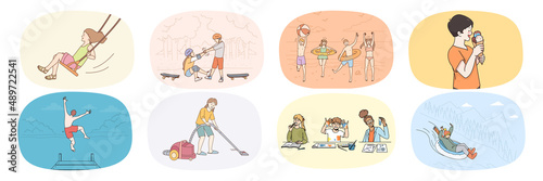 Bundle of happy small children enjoy careless childhood eating ice-cream and playing with friends. Set of smiling kids have fun relax involved in daily activities. Childcare. Vector illustration. 