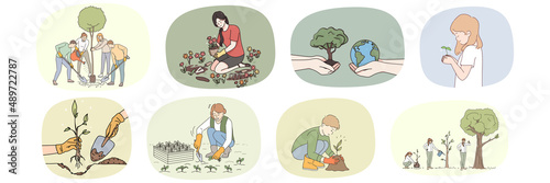 Collection of people take care of plant grow seedlings into trees. Set of volunteers growing greenery. Concept of planet earth and nature conservation. Gardening hobby. Vector illustration. 