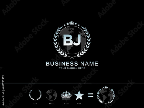 Initial BJ letter Logo, bj creative two letters logo with circle Leaf Globe Royal Crown and Star