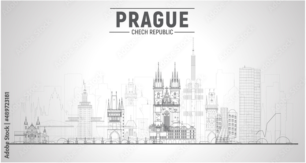 Prague ( Czech Republic ) line city skyline in white background. Vector Illustration. Business travel and tourism concept with modern buildings. Image for banner or website.