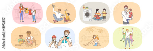 Set of happy caring parents play teach small kids cooking and washing together. Collection of smiling loving mom and dad spend time with children. Upbringing and parenthood. Vector illustration. 