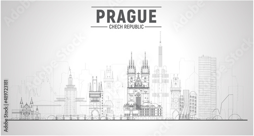 Prague   Czech Republic   line city skyline in white background. Vector Illustration. Business travel and tourism concept with modern buildings. Image for banner or website.