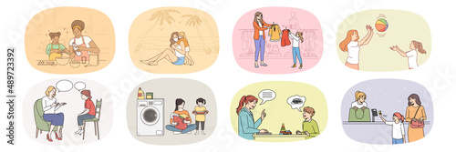 Set of happy mom have fun enjoy leisure weekend with little kid. Collection of smiling loving mother relax and play, spend time with teen child. Motherhood and upbringing. Vector illustration.