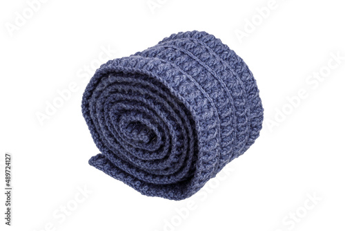 blue knitted wool scarf rolled up isolated on white background