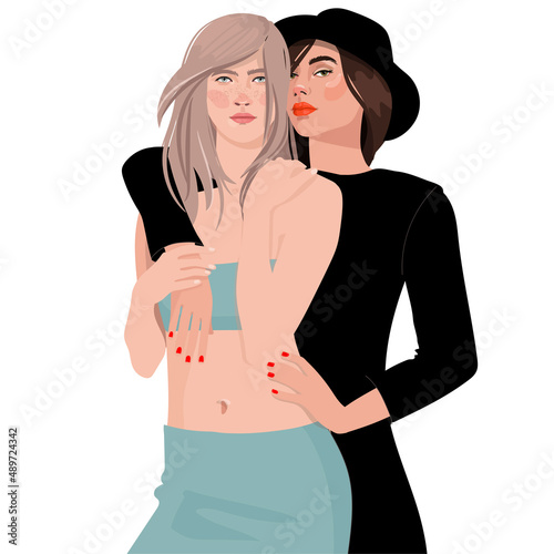 Female hug. Women embracing each other, expressing love, affection, support. Vector illustration for friendship, strong relations, support concept