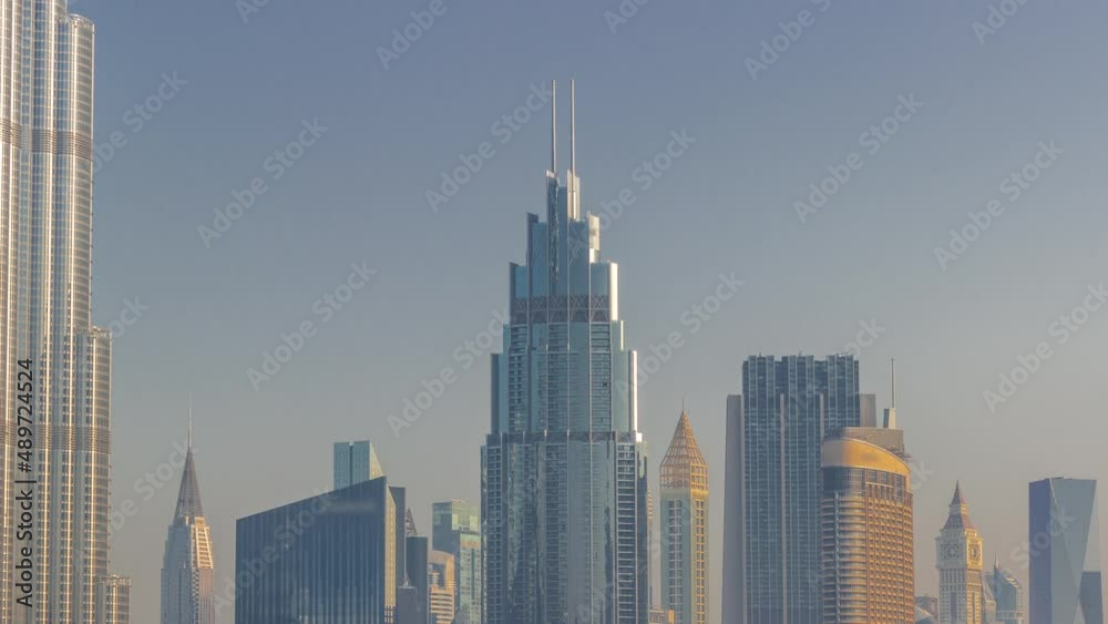 Row of the tall buildings around Sheikh Zayed Road and DIFC district aerial timelapse in Dubai Row of the tall buildings around Sheikh Zayed Road and DIFC district aerial timelapse in Dubai