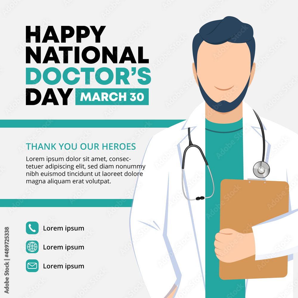 National doctors day banner design with a doctor is standing and holding a tab