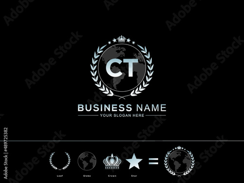 Monogram CT Logo Design, Letter Ct Logo Design and Creative circle Leaf Globe Royal Crown and Star Design