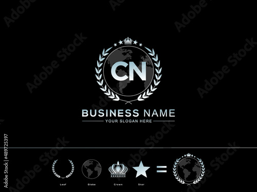 Monogram CN Logo Design, Letter Cn Logo Design and Creative circle Leaf Globe Royal Crown and Star Design