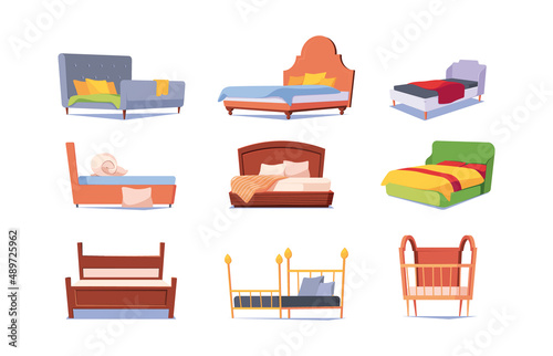 Modern furniture. Blanket cartoon beds for relax time modern colored sofa garish vector soft furniture