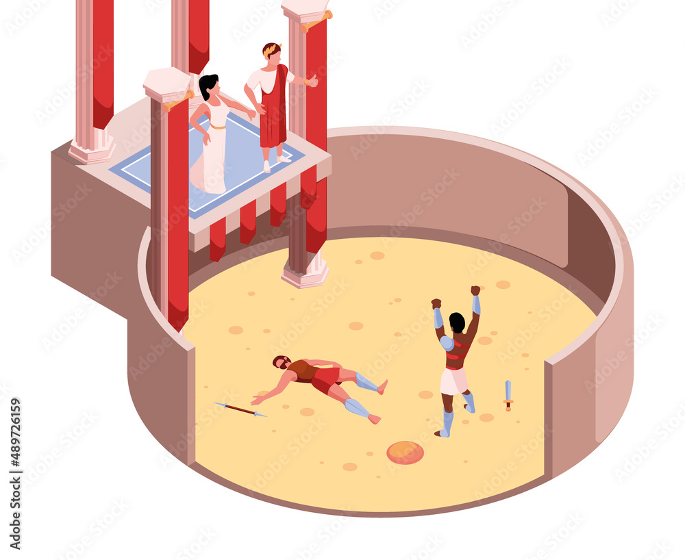Colosseum battle. Gladiator fighters with weapon fighting on round ...