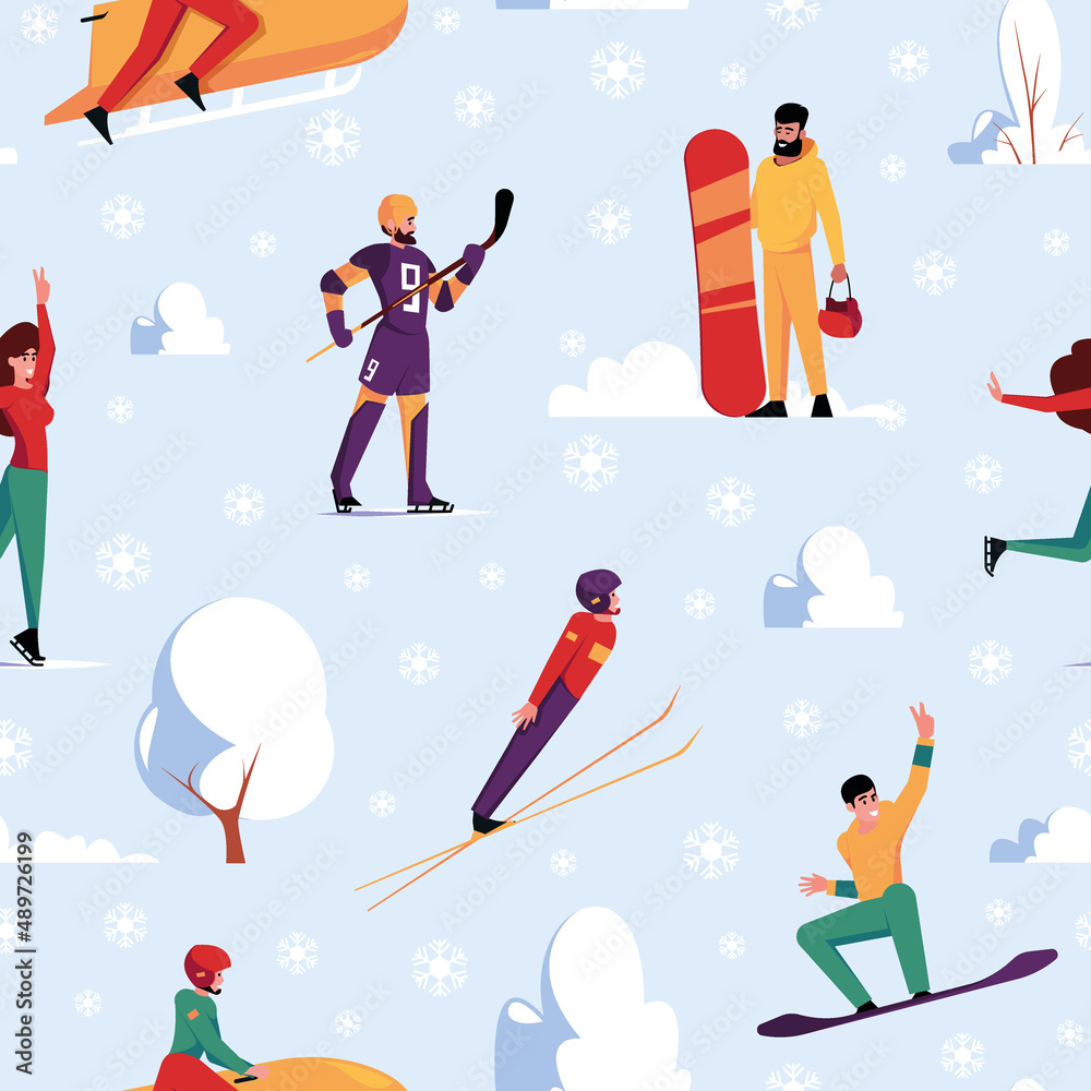 Fototapeta premium Winter sport pattern. Snowboarding skiing garish vector seamless background