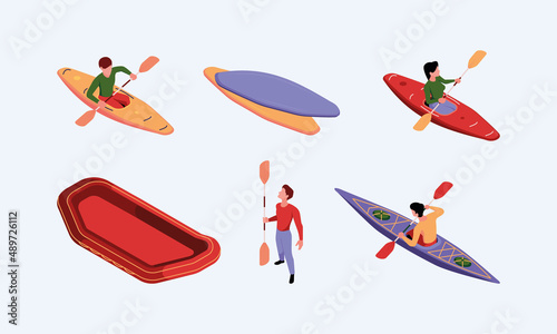 Kayak isometric. Sport rafting adventure travelling outdoor extreme lifestyle canoe boat water vessel garish vector template of kayak
