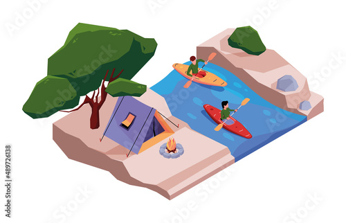 Kayak tourism. Extreme water river rafting adventures garish vector isometric background